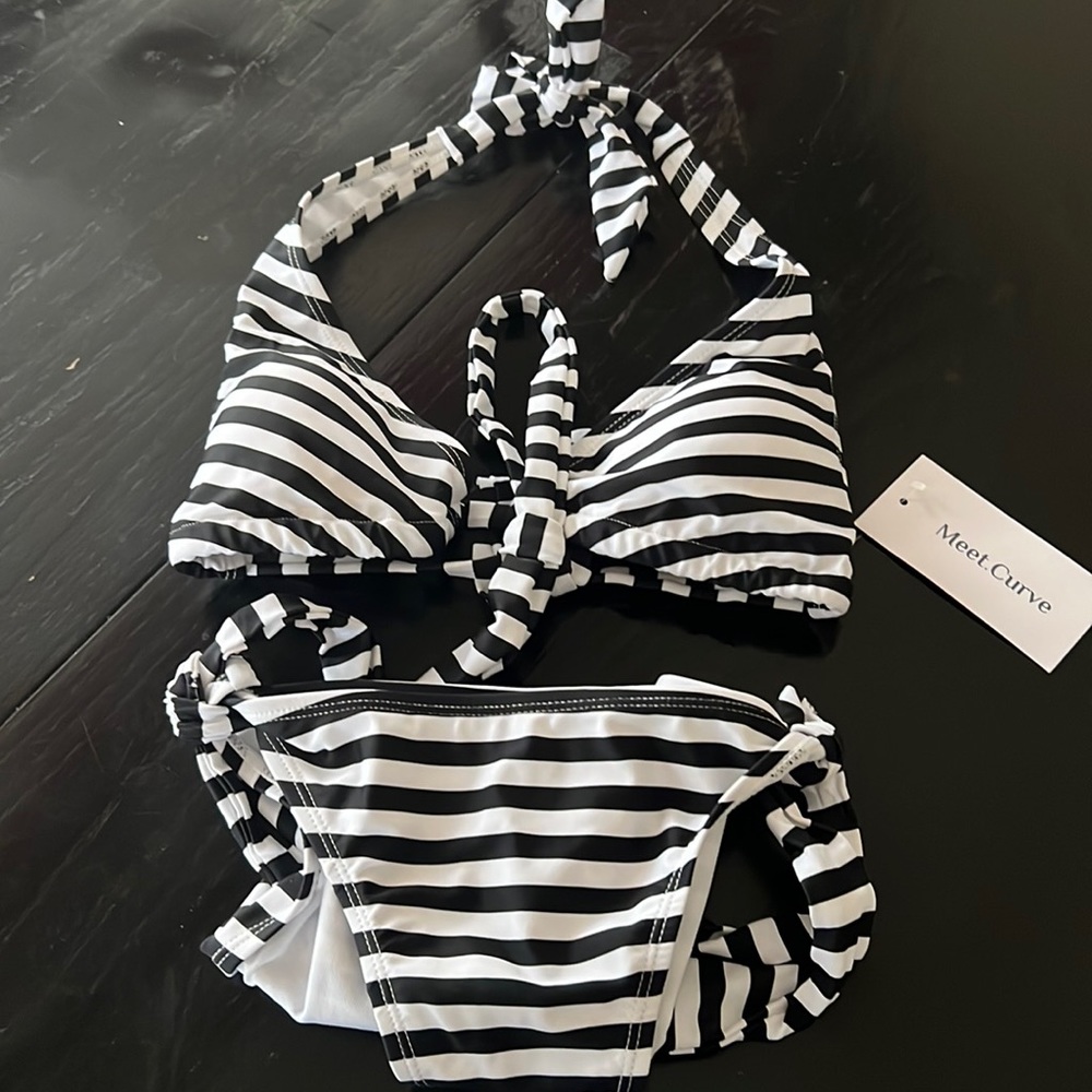 Self Tie Striped Ribbed Triangle Bikini Set.